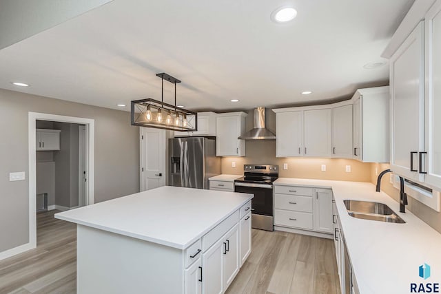 kitchen with sink, white cabinetry, a kitchen island, stainless steel appliances, and wall chimney range hood