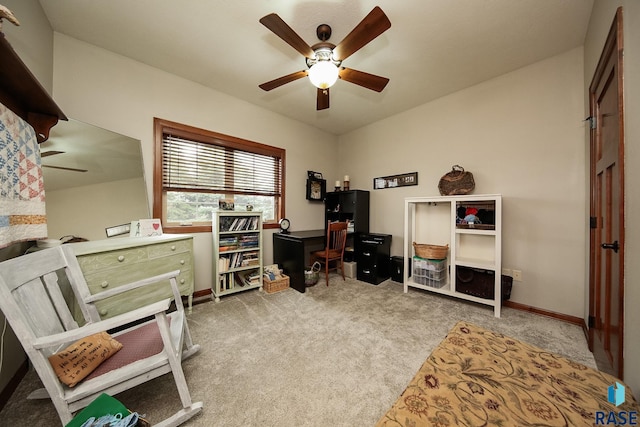 office area featuring ceiling fan and light colored carpet