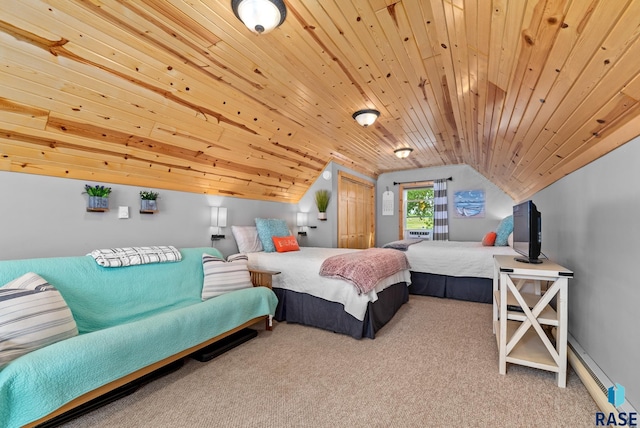 bedroom featuring lofted ceiling, carpet floors, and wooden ceiling