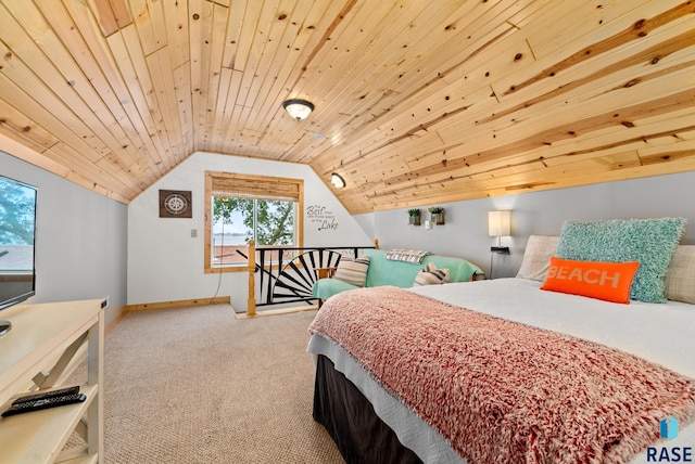 carpeted bedroom featuring wood ceiling and lofted ceiling