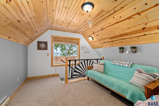 living area with carpet floors, lofted ceiling, a baseboard heating unit, and wooden ceiling