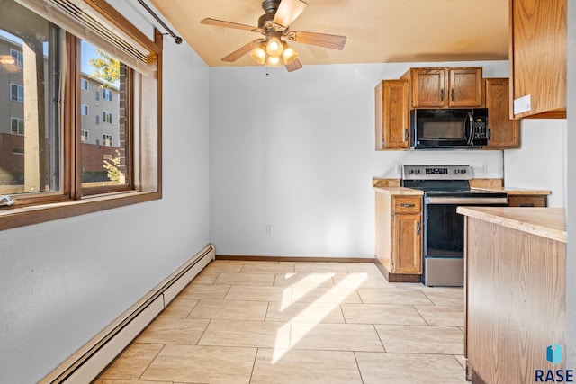 kitchen with a baseboard radiator, stainless steel range with electric cooktop, and ceiling fan