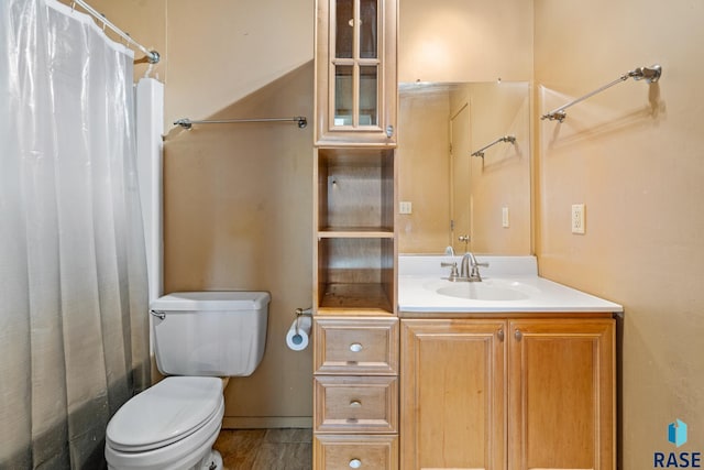 full bathroom featuring vanity, shower / bath combination with curtain, and toilet