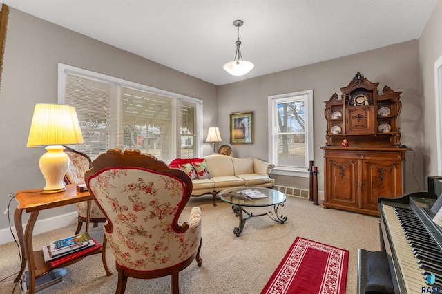 living room featuring light carpet