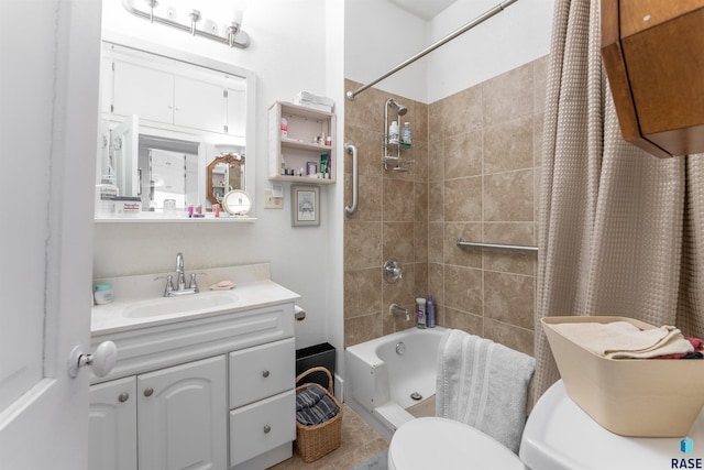 full bathroom with vanity, shower / bathtub combination with curtain, and toilet