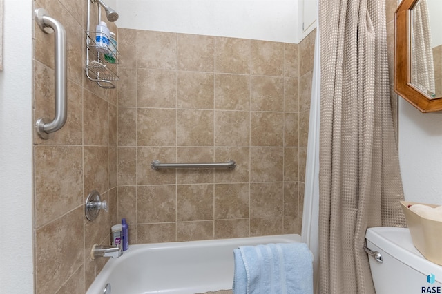 bathroom featuring shower / bathtub combination with curtain and toilet