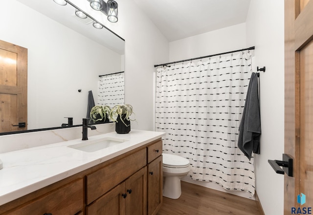 bathroom featuring vanity, hardwood / wood-style floors, and toilet