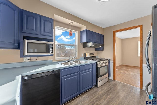 kitchen featuring blue cabinets, appliances with stainless steel finishes, sink, and dark wood-type flooring