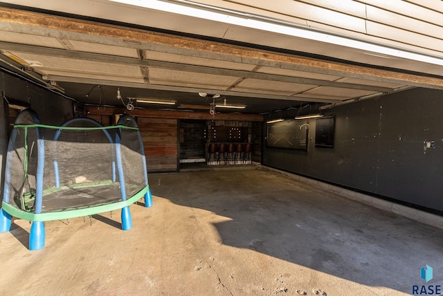 garage with a trampoline