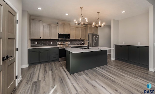 kitchen with stainless steel appliances, hanging light fixtures, a kitchen island with sink, and gray cabinetry