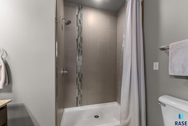 bathroom featuring vanity, a shower with curtain, and toilet