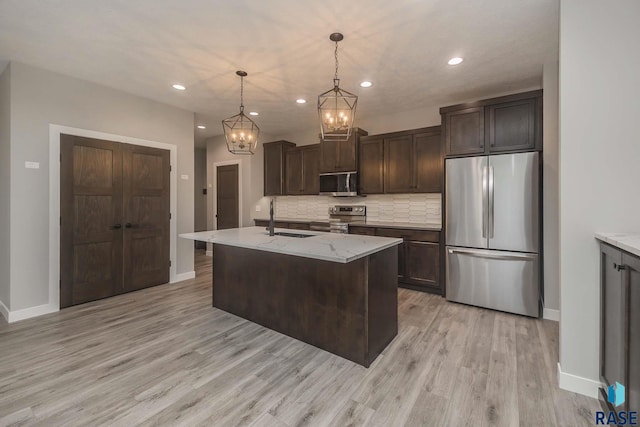 kitchen with decorative light fixtures, sink, dark brown cabinetry, stainless steel appliances, and a center island with sink