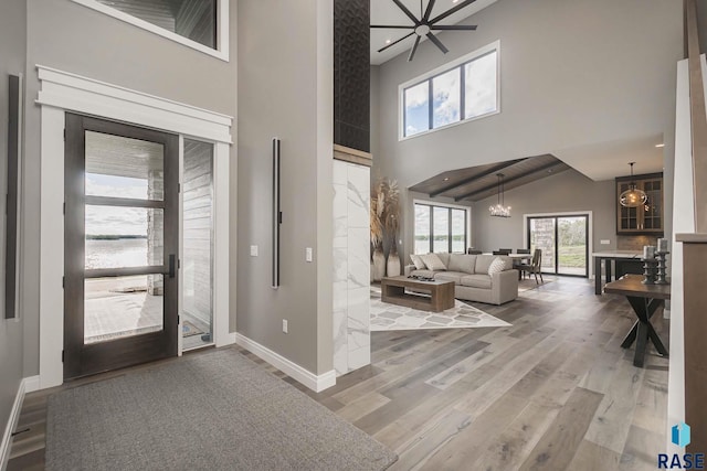 foyer with a high ceiling, hardwood / wood-style floors, and a chandelier