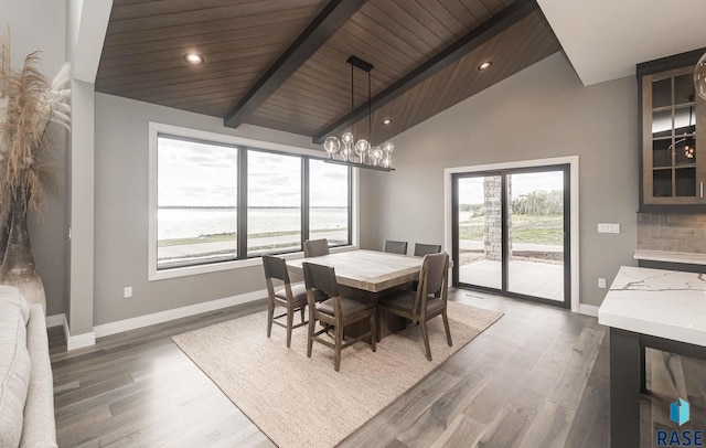 dining space with lofted ceiling with beams, plenty of natural light, and dark hardwood / wood-style flooring