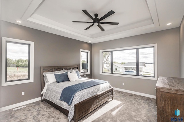 carpeted bedroom with a raised ceiling and ceiling fan