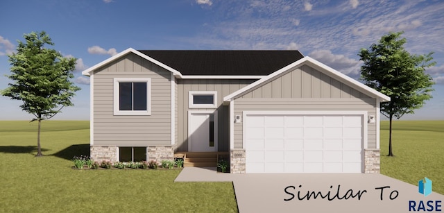view of front of property with board and batten siding, a front lawn, an attached garage, and concrete driveway