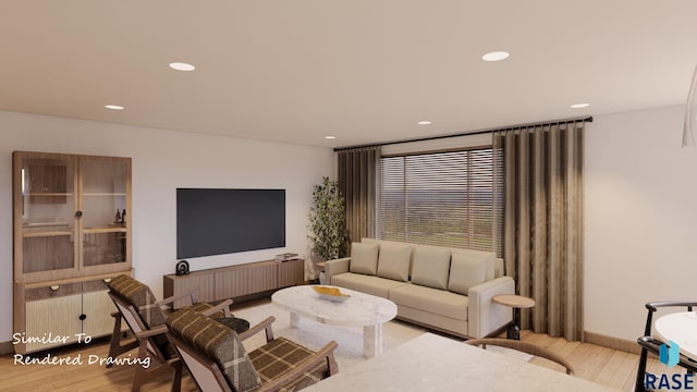 living area with baseboards, recessed lighting, and wood finished floors