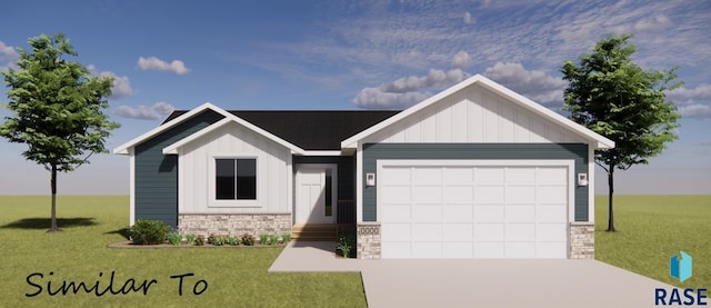 view of front facade with stone siding, board and batten siding, and a garage