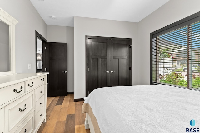 bedroom with light hardwood / wood-style flooring and a closet