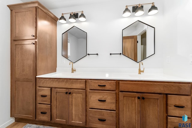 bathroom featuring vanity and hardwood / wood-style flooring