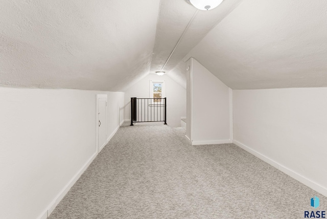 additional living space with vaulted ceiling, carpet flooring, and a textured ceiling