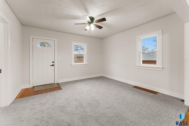 foyer entrance featuring ceiling fan, carpet flooring, and a textured ceiling