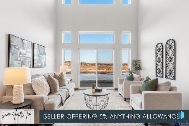 living room featuring a towering ceiling and a wealth of natural light