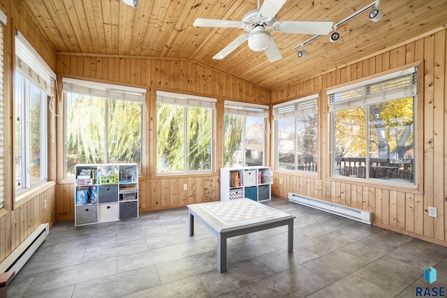 sunroom / solarium featuring baseboard heating, lofted ceiling, rail lighting, and wooden ceiling