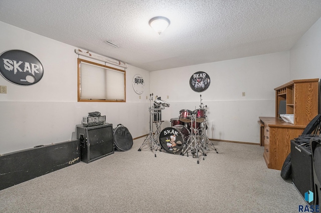 miscellaneous room featuring carpet and a textured ceiling