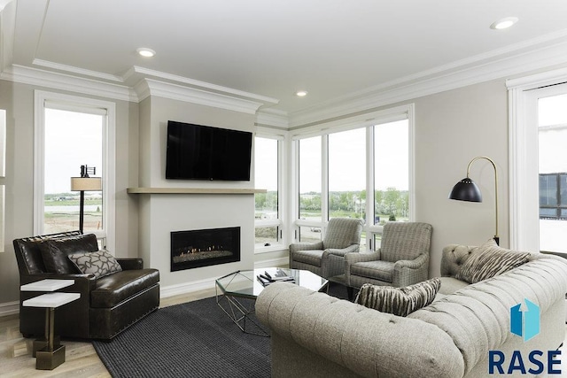 living room with crown molding, a healthy amount of sunlight, and light hardwood / wood-style floors