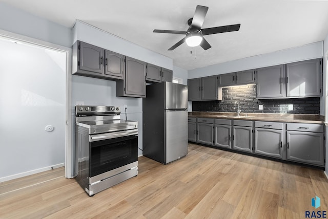 kitchen featuring tasteful backsplash, appliances with stainless steel finishes, light hardwood / wood-style floors, and sink