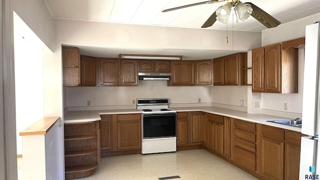 kitchen featuring sink, white electric stove, and ceiling fan