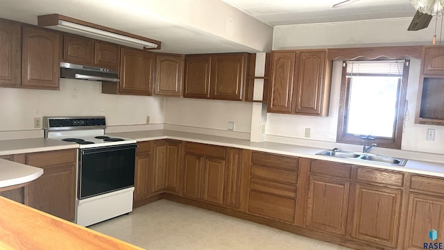 kitchen with ceiling fan, sink, and white range with electric stovetop