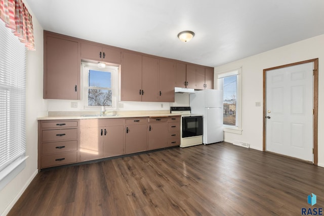 kitchen featuring white appliances, dark hardwood / wood-style floors, and sink