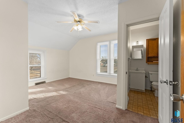 bonus room featuring lofted ceiling, sink, ceiling fan, carpet flooring, and a textured ceiling