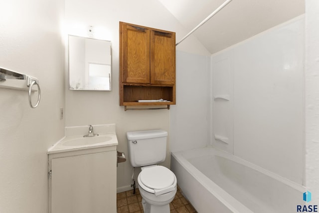 full bathroom featuring vanity, lofted ceiling, bathing tub / shower combination, and toilet