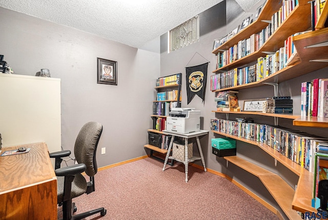 office space featuring a textured ceiling and carpet flooring