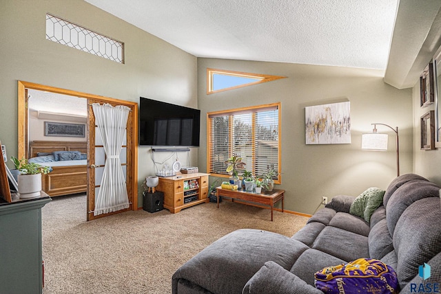 living room with lofted ceiling, a textured ceiling, and carpet