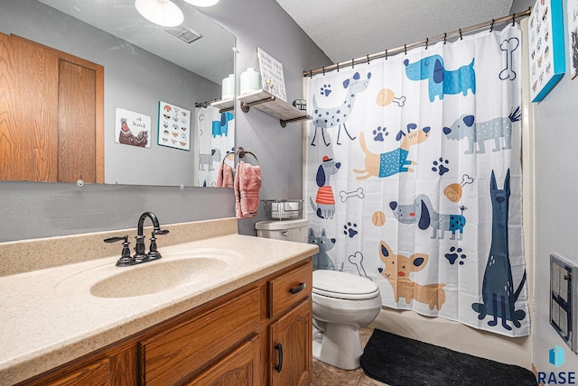 bathroom with vanity, toilet, and a textured ceiling