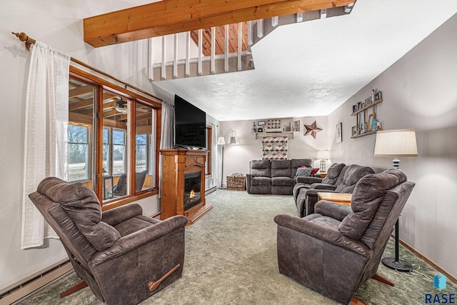 carpeted living room featuring baseboard heating