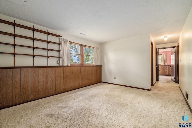 carpeted empty room featuring a textured ceiling and wood walls