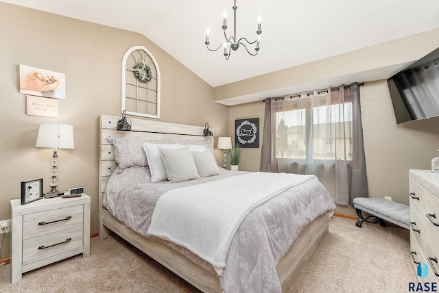 bedroom featuring light colored carpet, lofted ceiling, and a notable chandelier