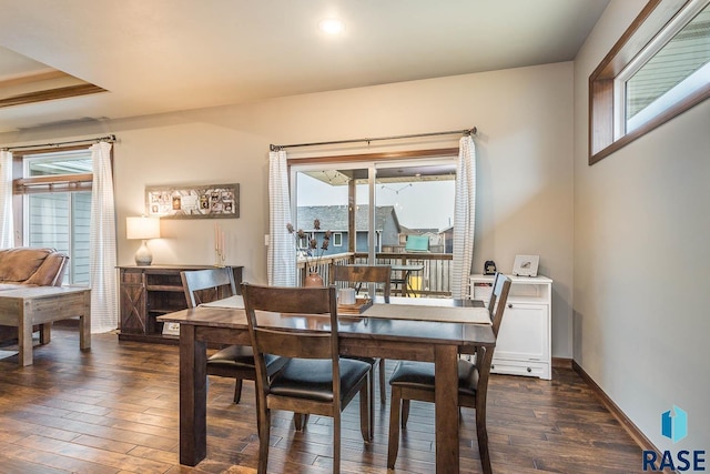 dining space featuring dark wood-type flooring