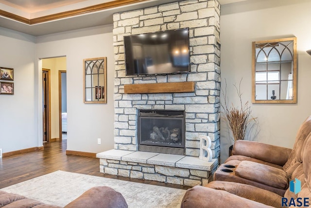 living room with dark hardwood / wood-style flooring and a stone fireplace