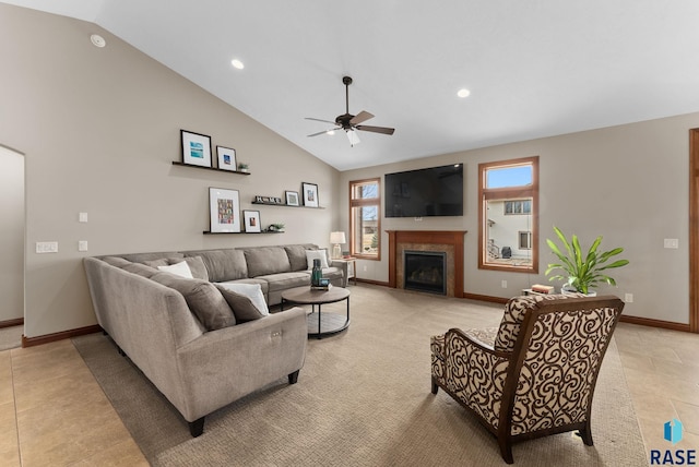 living room with high vaulted ceiling and ceiling fan