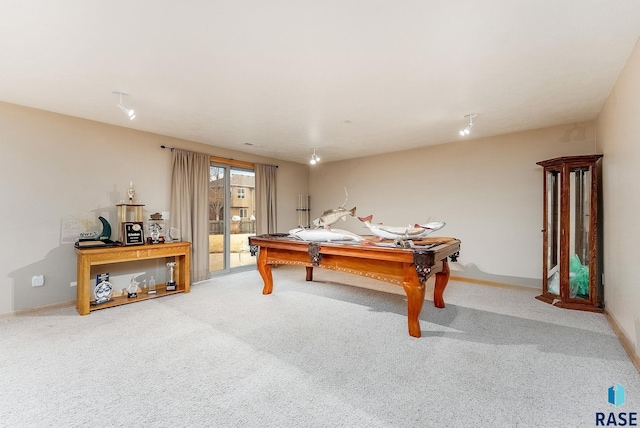 game room featuring billiards and carpet flooring