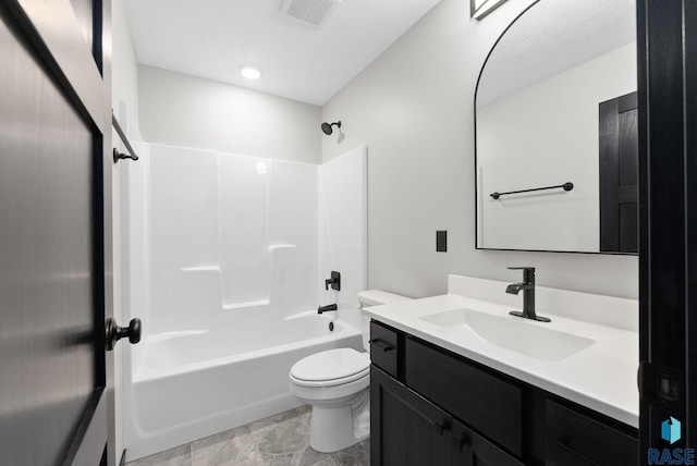 full bathroom with shower / bathtub combination, vanity, and toilet