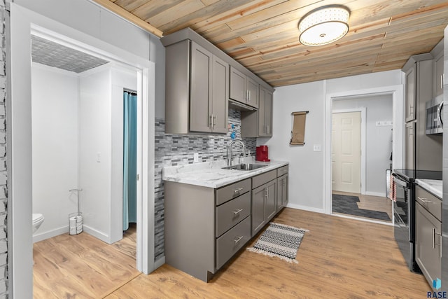 kitchen featuring appliances with stainless steel finishes, gray cabinets, sink, and light hardwood / wood-style flooring