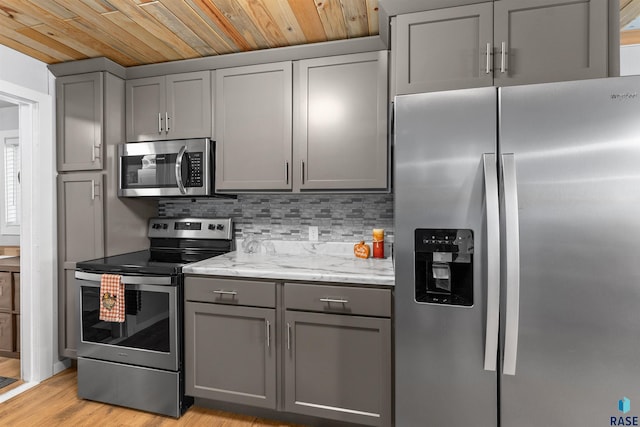 kitchen featuring light stone counters, stainless steel appliances, backsplash, and gray cabinetry