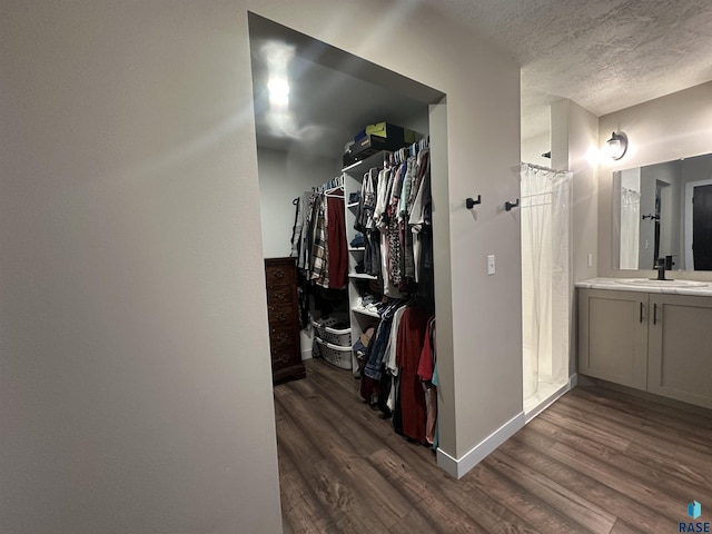 spacious closet with dark wood finished floors and a sink